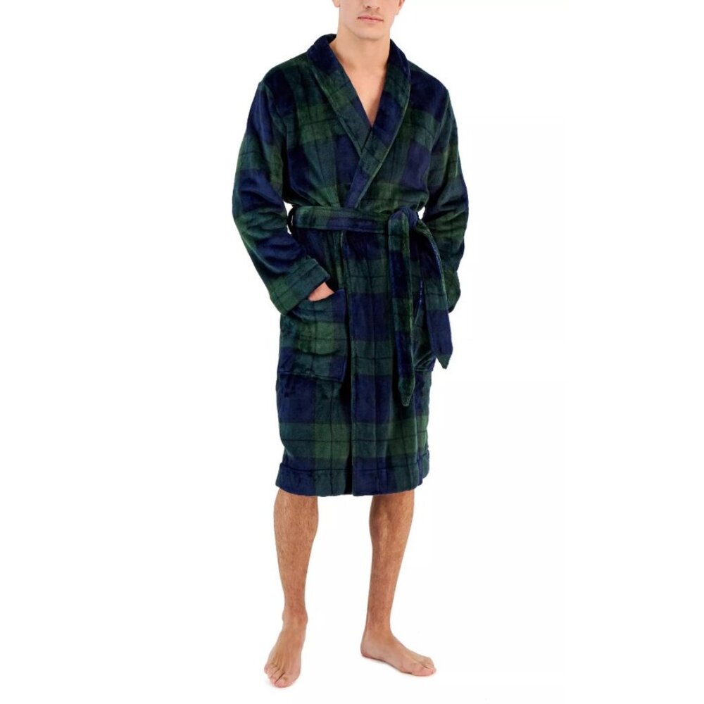 Club Room Men's Plush Pajama Robe Size S/M Navy/Green Belted Plaid Comfort